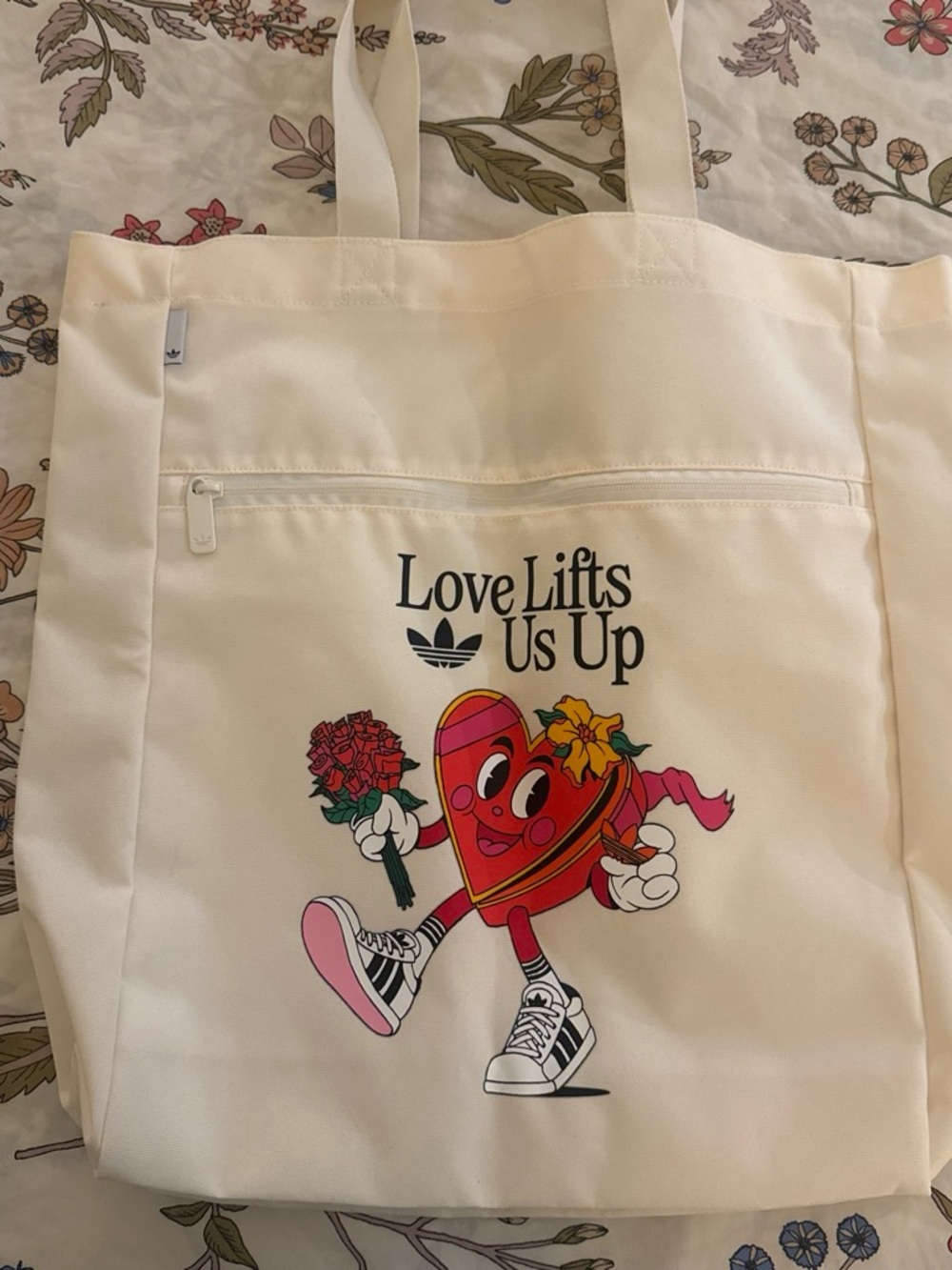 Cream Tote Bag with Heart Graphic - Love Lifts Us Up